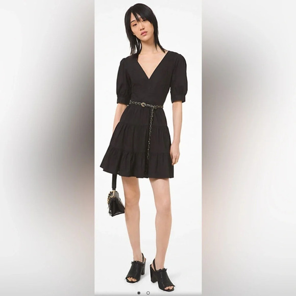MICHAEL KORS Black  Stretch Cotton Poplin Puff-Sleeve Dress Sz XXS - Picture 2 of 13